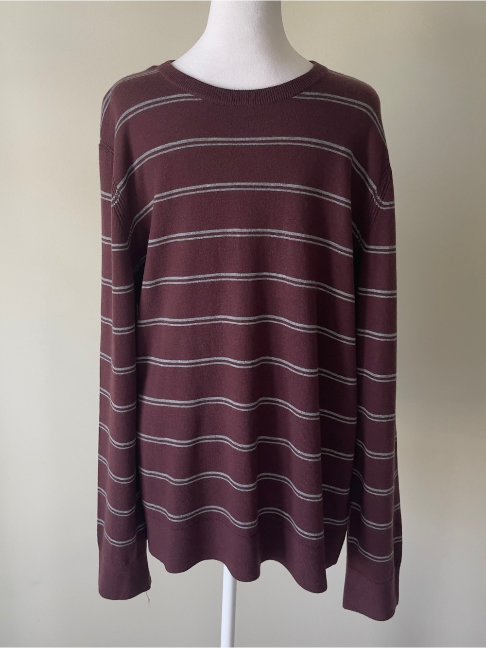 Theory Men's Crewneck Burgundy & Gray Striped Merino Wool Nylon Knit Sweater XL